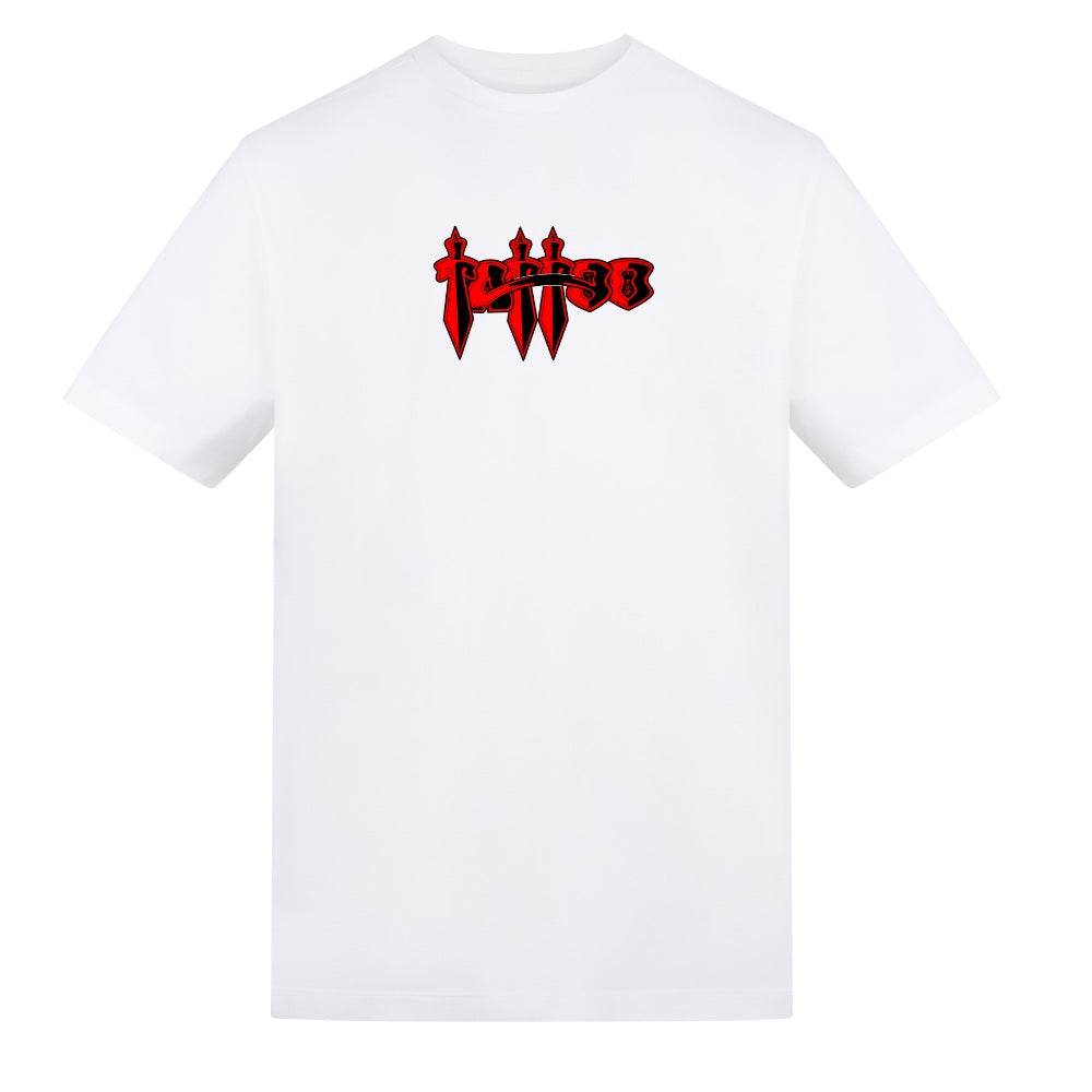 Red Swords Tattoo Tee | White | Duzzer 180gsm Regular Fit T-Shirt - Wrong Crowd Artist merch