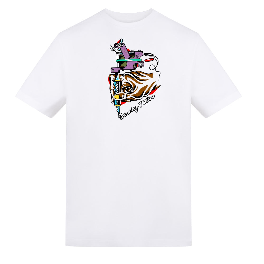 Bowley Tat Machine Tee | White | Duzzer 180gsm Regular Fit T-Shirt - Wrong Crowd Artist merch