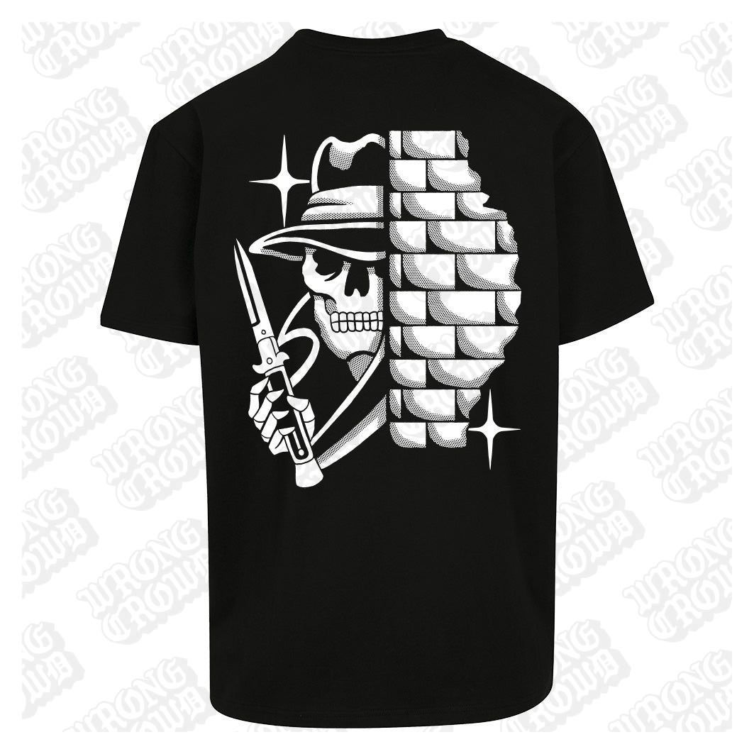 Skull Behind Wall | Oversized Black T-Shirt - Wrong Crowd Artist merch