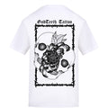 Metal logo with skullflower border back | White | Duzzer 180gsm Regular Fit T-Shirt - Wrong Crowd Artist merch