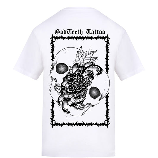 Metal logo with skullflower border back | White | Duzzer 180gsm Regular Fit T-Shirt - Wrong Crowd Artist merch