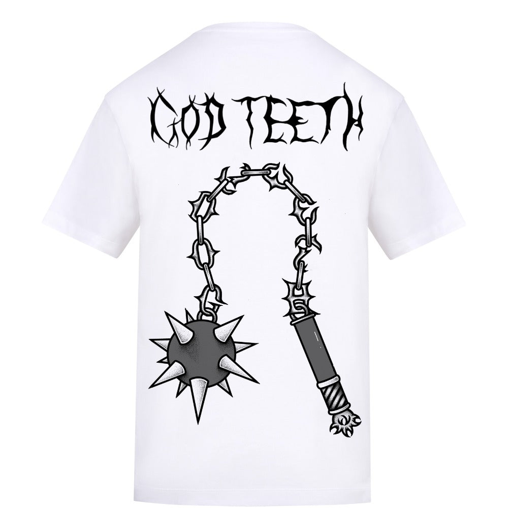 Metal logo & flail back | White | Rizzer 150gsm Regular Fit T-Shirt - Wrong Crowd Artist merch