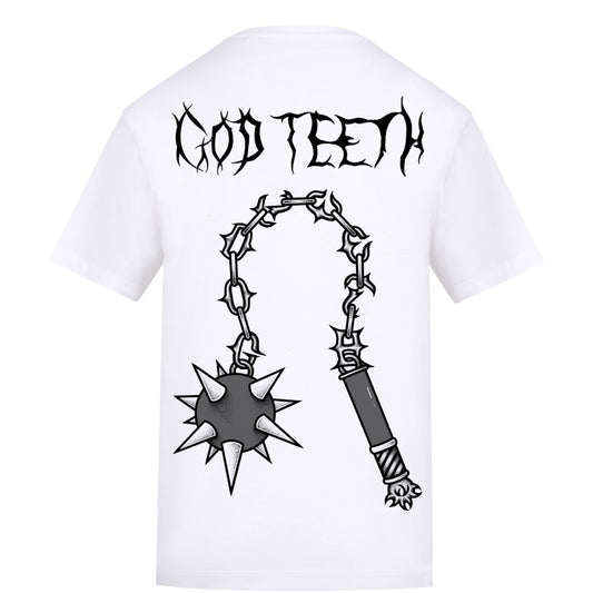 Metal logo & flail back | White | Rizzer 150gsm Regular Fit T-Shirt - Wrong Crowd Artist merch