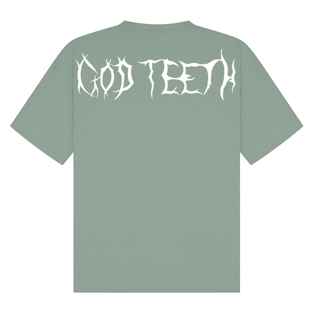 Oversized GODTEETH thorn tshirt | Sage | Breezer 180gsm Oversized T-Shirt - Wrong Crowd Artist merch