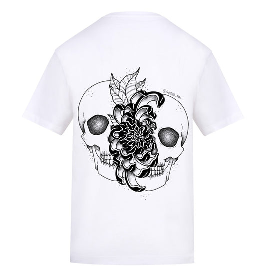Small logo and flower skull back | White | Rizzer 150gsm Regular Fit T-Shirt - Wrong Crowd Artist merch
