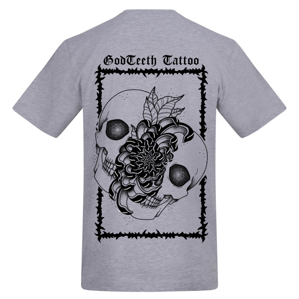 Metal logo with skullflower border back | Heather Grey | Duzzer 180gsm Regular Fit T-Shirt - Wrong Crowd Artist merch
