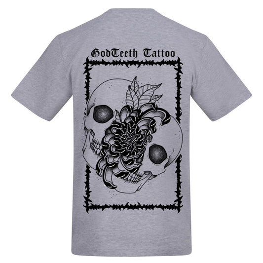 Metal logo with skullflower border back | Heather Grey | Duzzer 180gsm Regular Fit T-Shirt - Wrong Crowd Artist merch