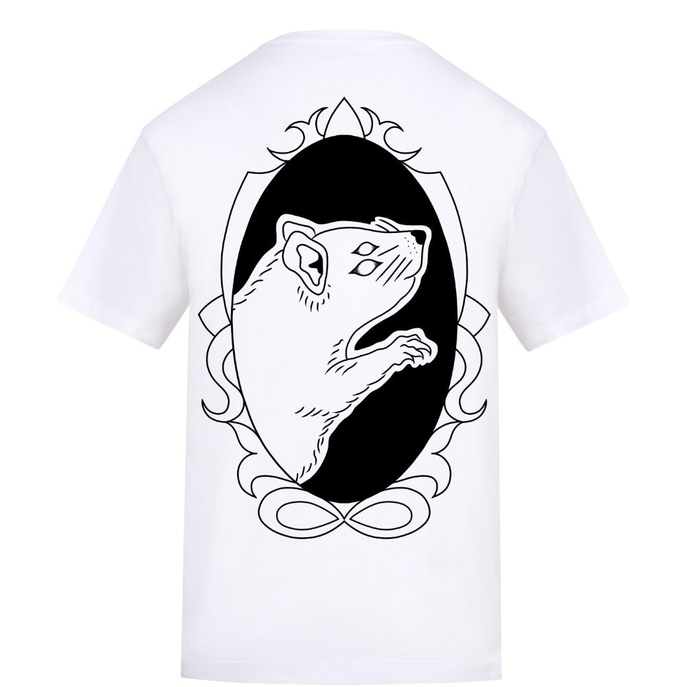 Logo with rat back | White | Rizzer 150gsm Regular Fit T-Shirt - Wrong Crowd Artist merch