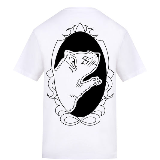 Logo with rat back | White | Rizzer 150gsm Regular Fit T-Shirt - Wrong Crowd Artist merch
