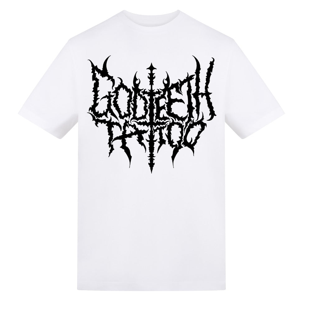 Metal logo & flail back | White | Rizzer 150gsm Regular Fit T-Shirt - Wrong Crowd Artist merch