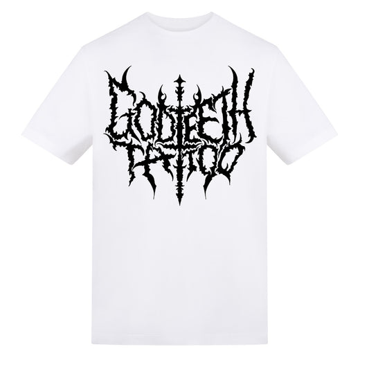 Metal logo & flail back | White | Rizzer 150gsm Regular Fit T-Shirt - Wrong Crowd Artist merch