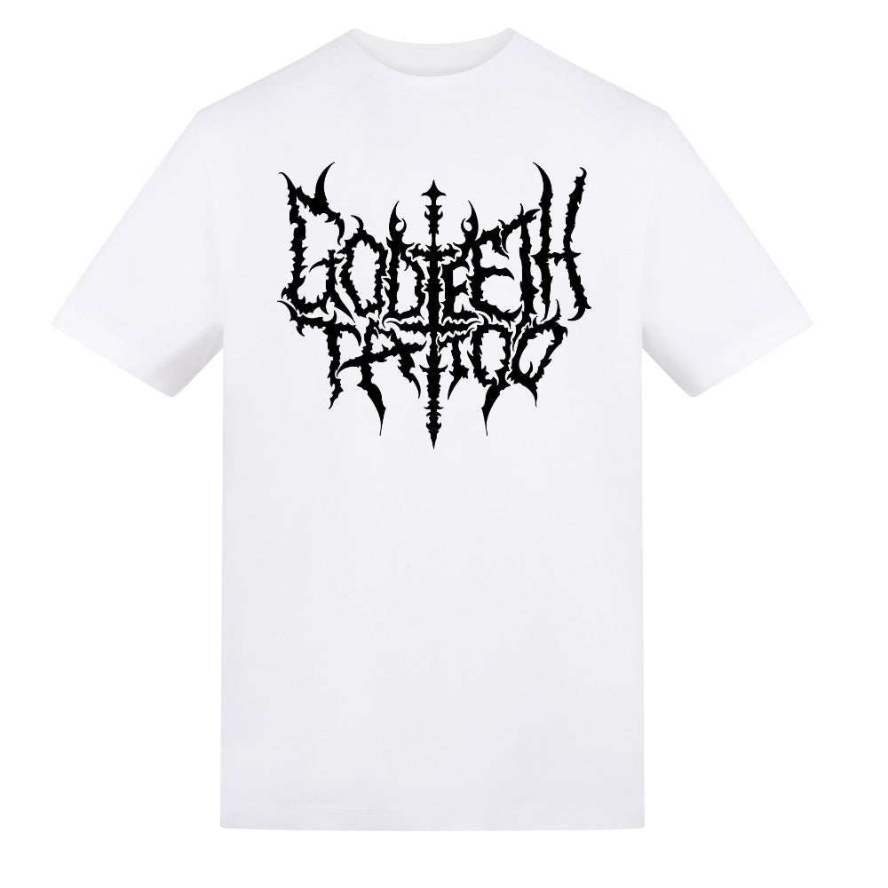 Metal logo with skullflower border back | White | Duzzer 180gsm Regular Fit T-Shirt - Wrong Crowd Artist merch