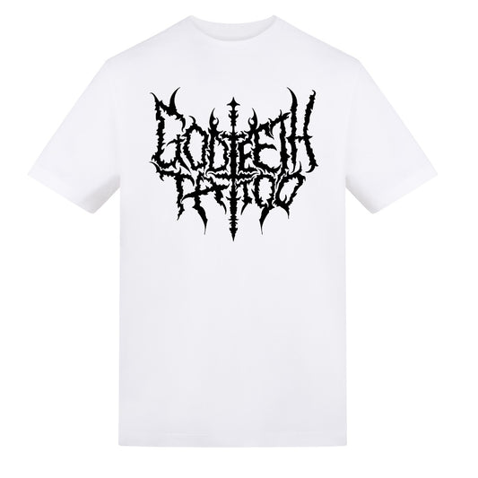 Metal logo with skullflower border back | White | Duzzer 180gsm Regular Fit T-Shirt - Wrong Crowd Artist merch