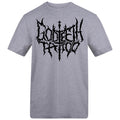Metal logo with skullflower border back | Heather Grey | Duzzer 180gsm Regular Fit T-Shirt - Wrong Crowd Artist merch