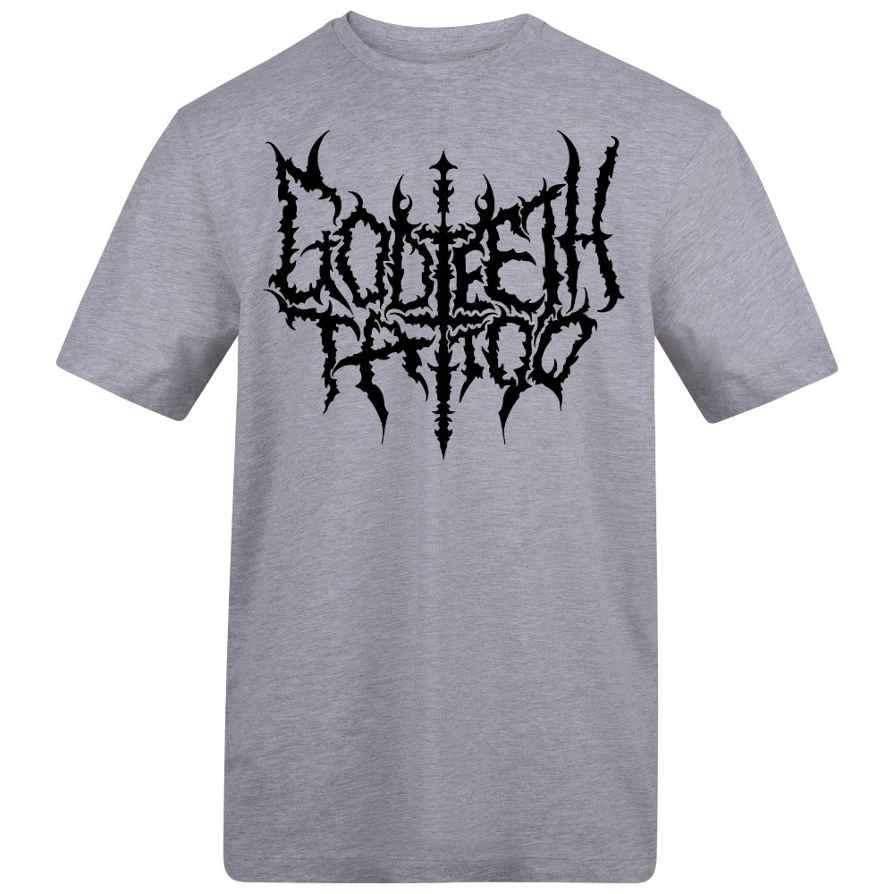 Metal logo with skullflower border back | Heather Grey | Duzzer 180gsm Regular Fit T-Shirt - Wrong Crowd Artist merch