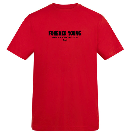 FOREVER YOUNG | Fire Red | Rizzer 150gsm Regular Fit T-Shirt - Wrong Crowd Artist merch
