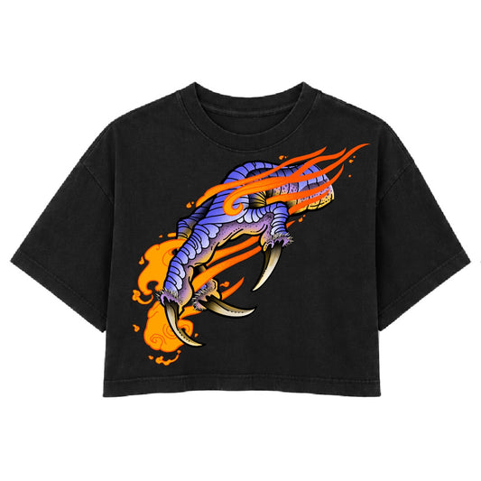Flaming Dragon Claw | Washed Black | Rogue Womens 220gsm Washed Cropped Tee
