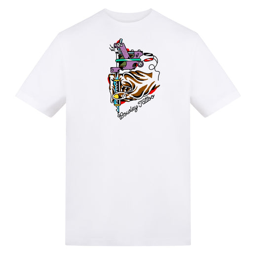 Bowley Tat Machine Tee | White | Duzzer 180gsm Regular Fit T-Shirt - Wrong Crowd Artist merch